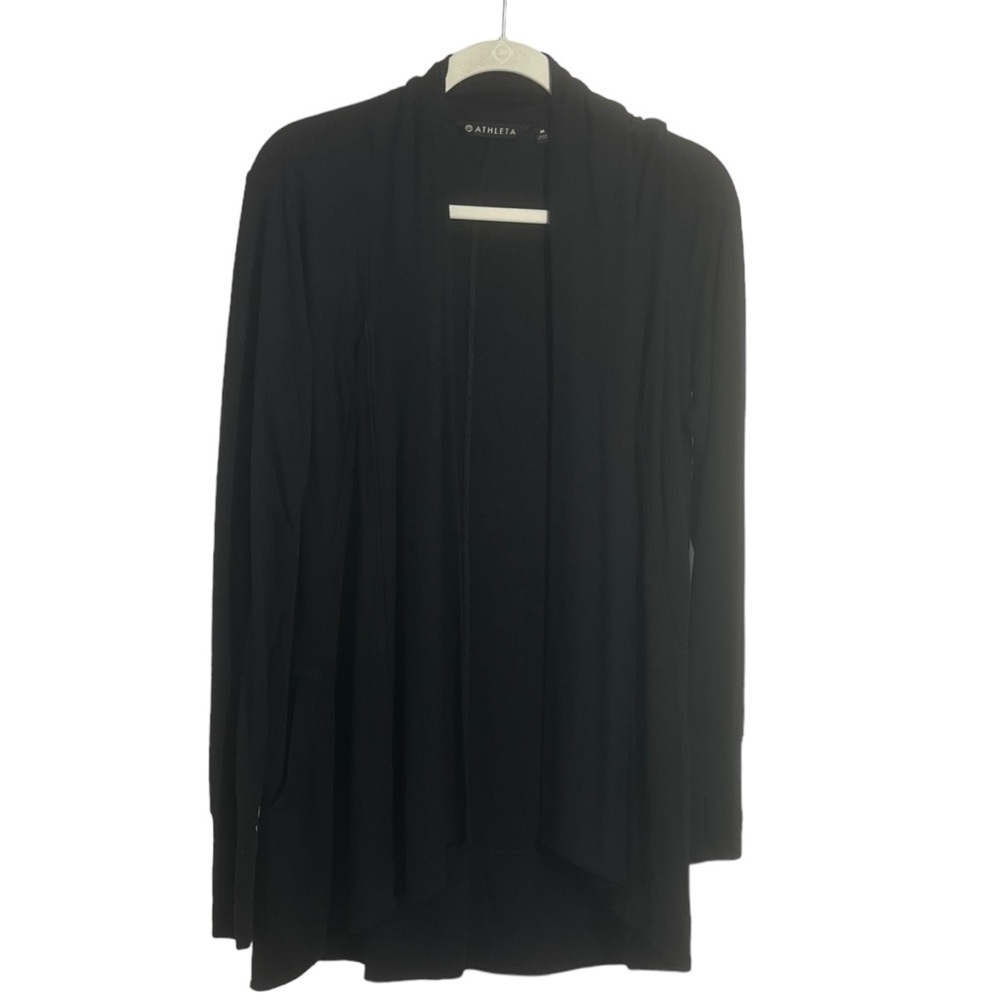 Athleta Open Front Cardigan Sweater Rib Knit Trim Side Pockets Black M